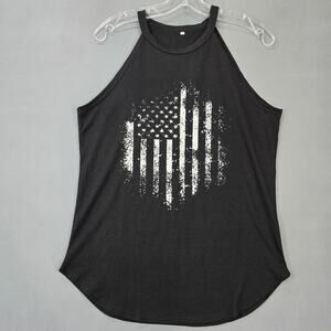 Black White Tank American Flag Graphic Halter Neckline Lightweight Womens Size M